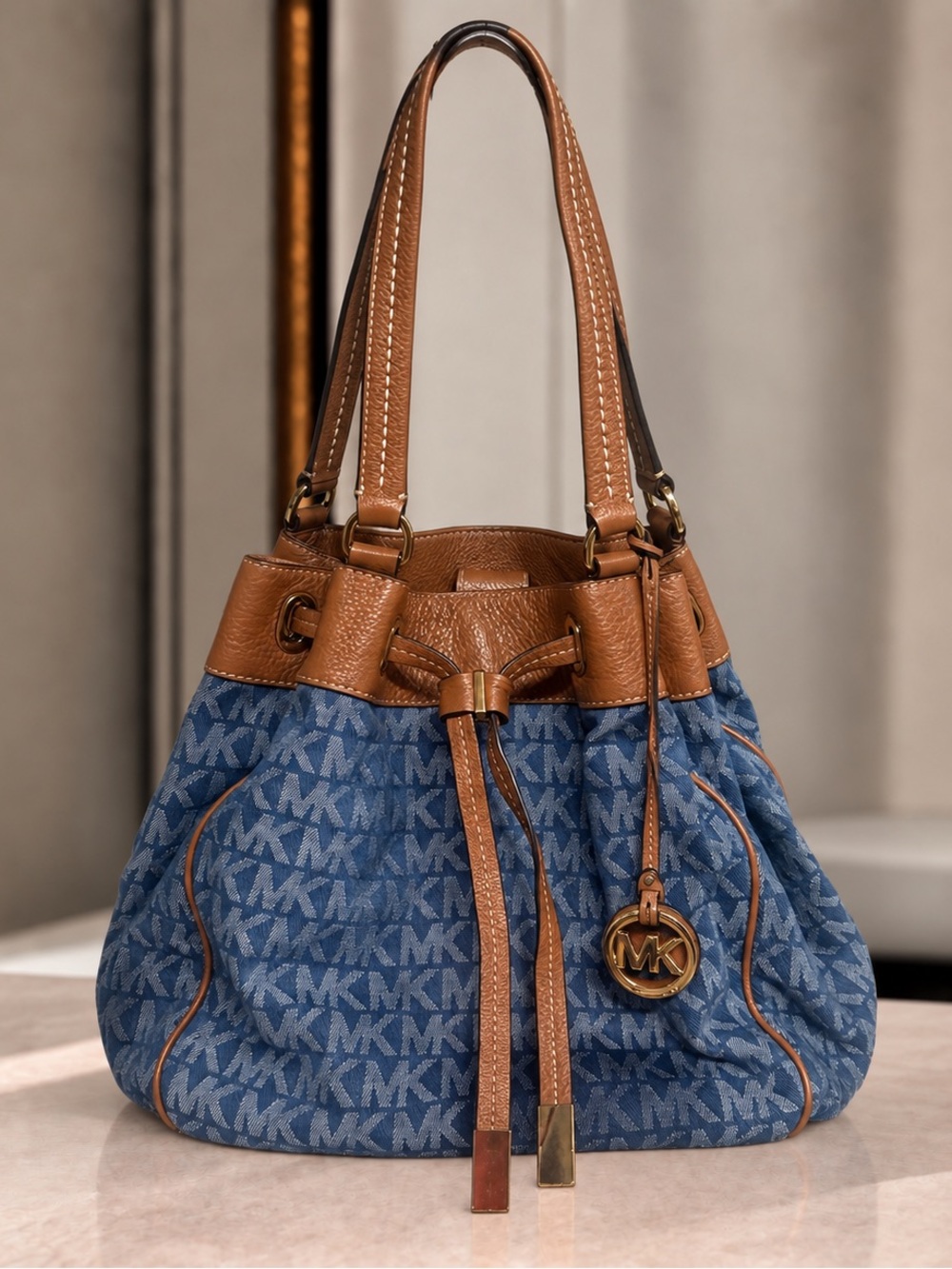 Like New! Michael Kors Denim MK Logo Shoulder Bag with Brown Leather Trim